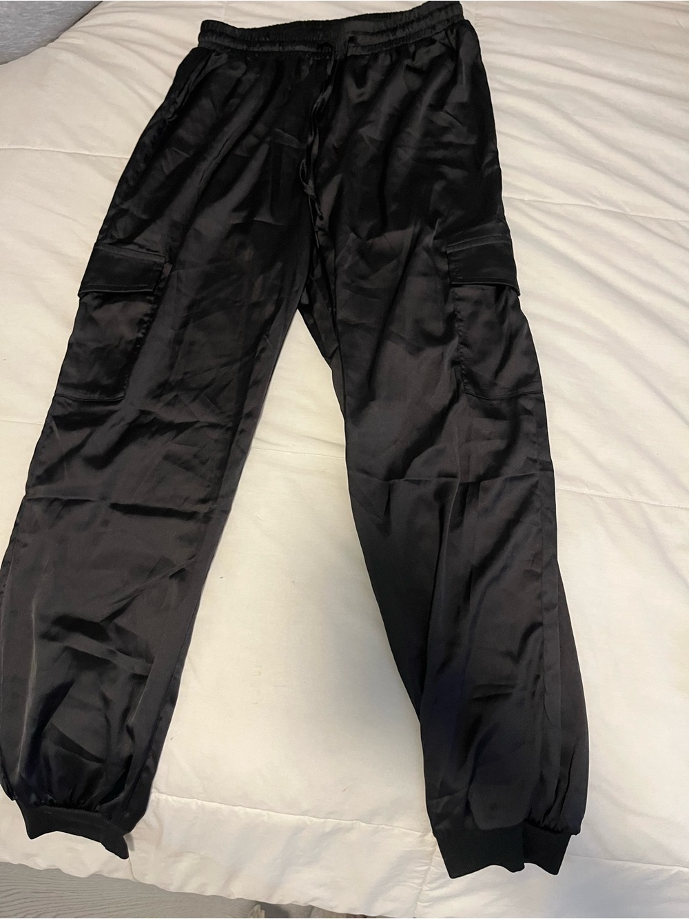 Black Satin Cargo Joggers